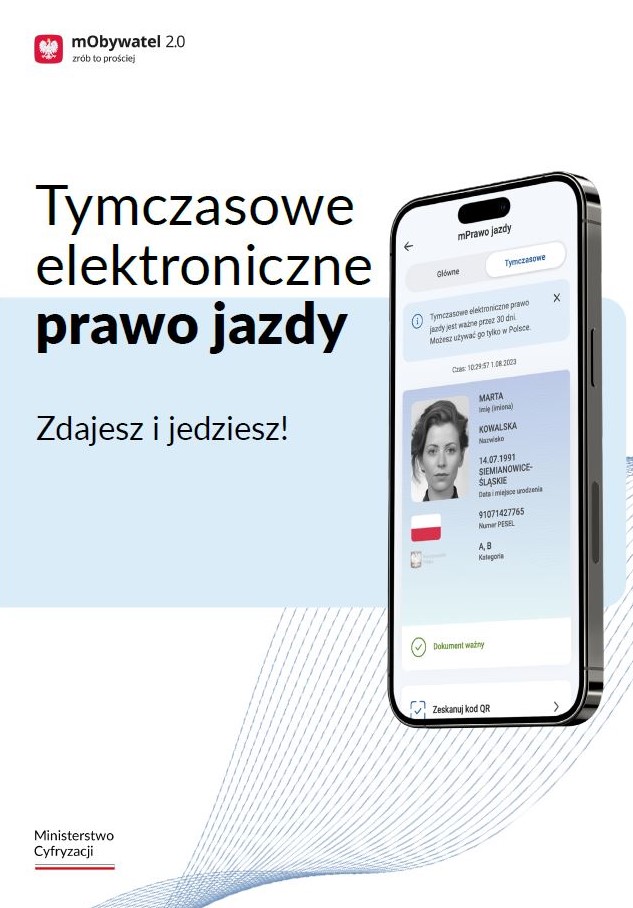 Ulotka informacyjna Ministerstwa Cyfryzacji - tymczasowe elektroniczne prawo jazdy - strona 1